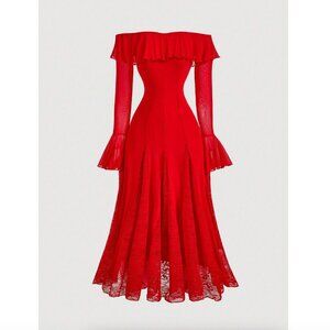 Elegant Gothic Red Off-Shoulder Dress W/ Long Sleeves,